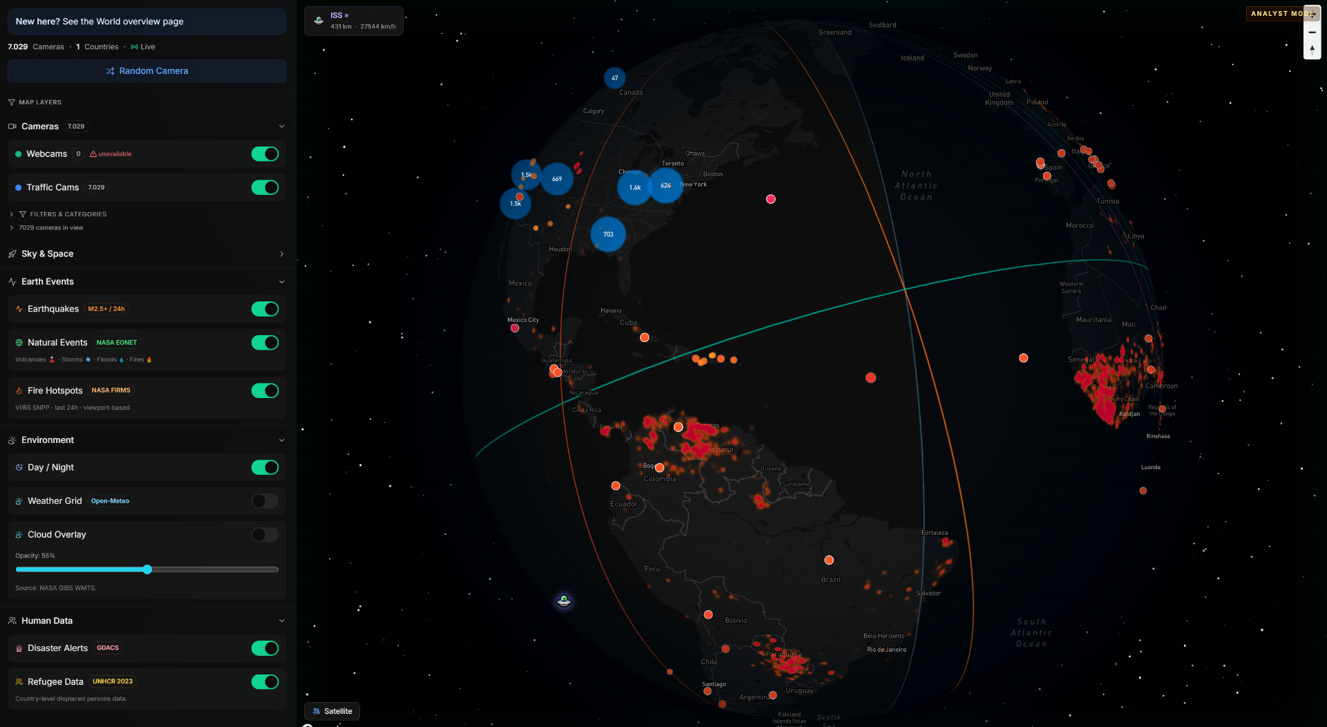 PhotoRadar World Map — interactive 3D globe with live webcams, flights, fire hotspots, earthquakes, and satellites